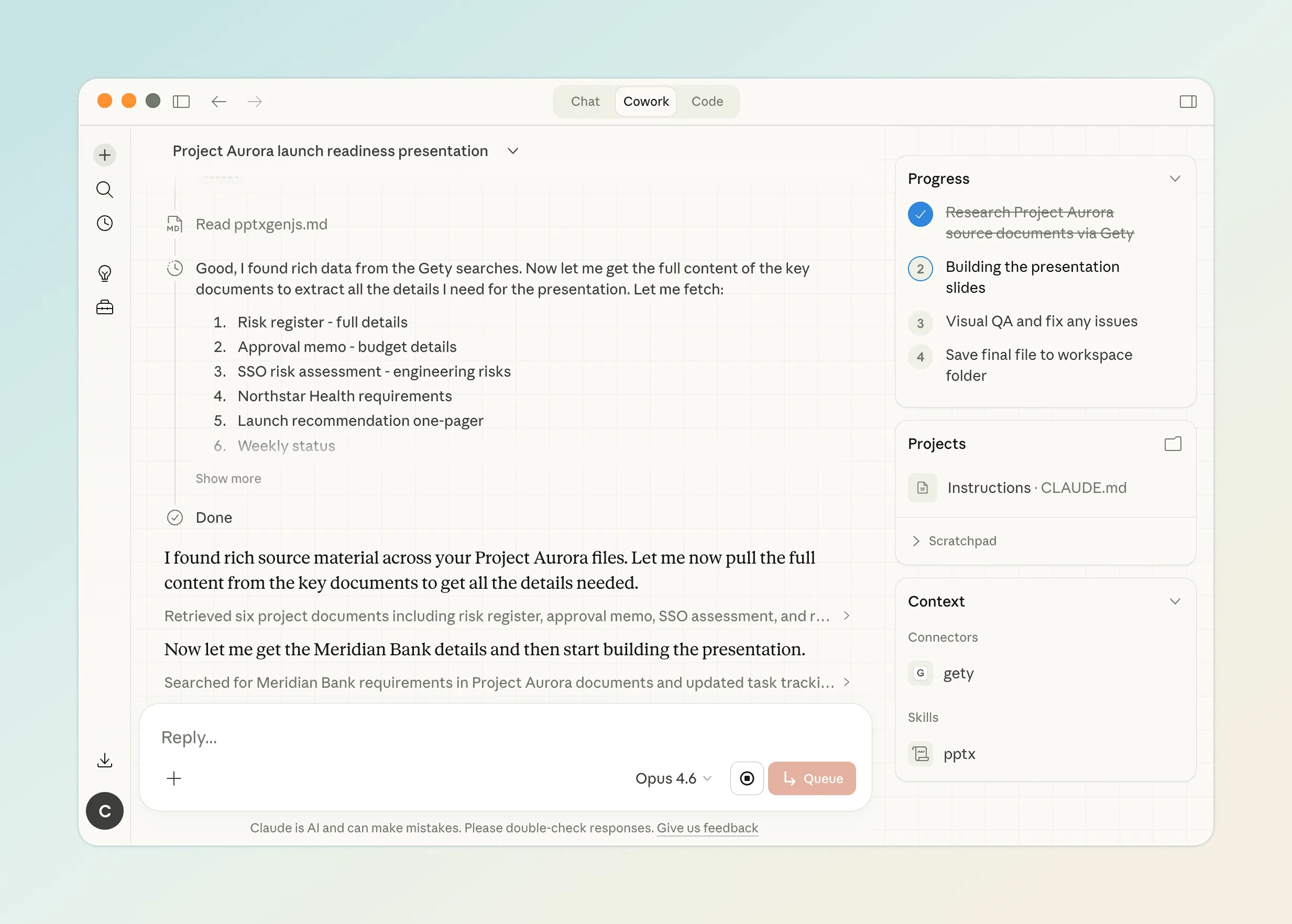 Claude Cowork exécutant la tâche, affichant les résultats de recherche Gety et un panneau de progression avec quatre étapes : Recherche, Création des diapositives, QA visuel, Sauvegarde
