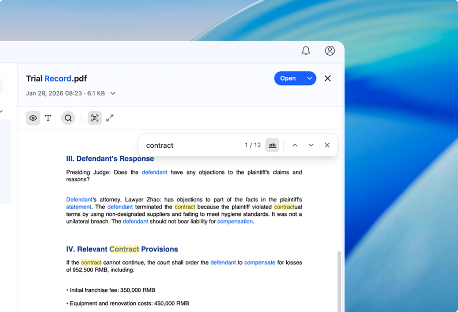 Search text within a file preview, see the match count, and navigate between matches